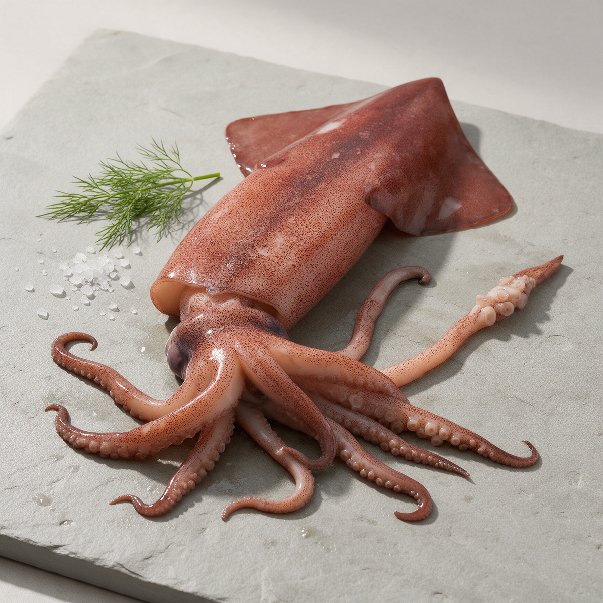 Humboldt-Tintenfisch auf heller Schieferplatte mit Dill und Meersalz