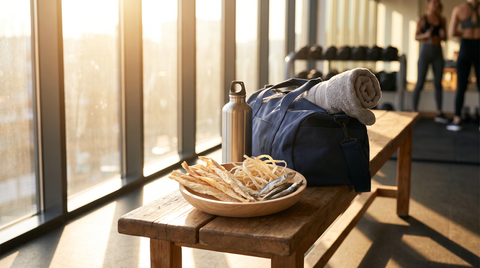 Getrocknete Fischsnacks in einer Holzschale auf einer Bank im Fitnessstudio, daneben Trinkflasche und Sporttasche