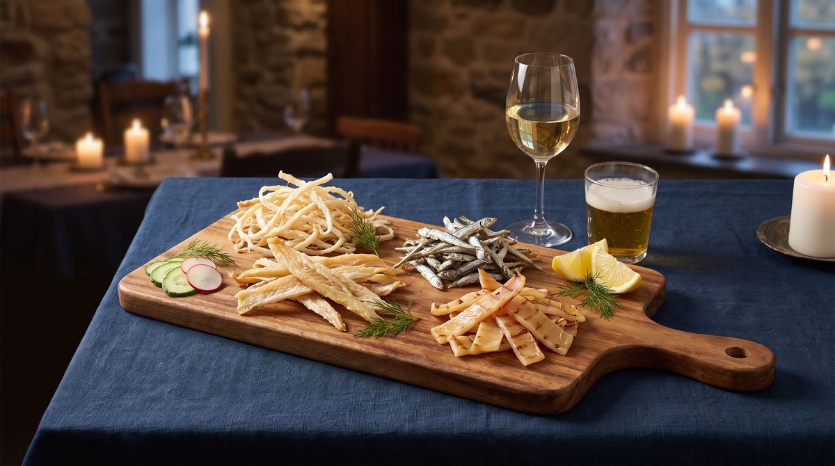 Apéro-Platte mit vier Sorten getrockneter Fischsnacks auf einem Holzbrett, dazu Weisswein und Bier