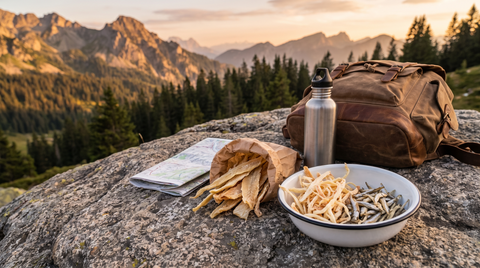 Getrocknete Fischsnacks in Papiertüte und Emailleschale auf einem Fels in den Alpen, daneben Rucksack und Trinkflasche