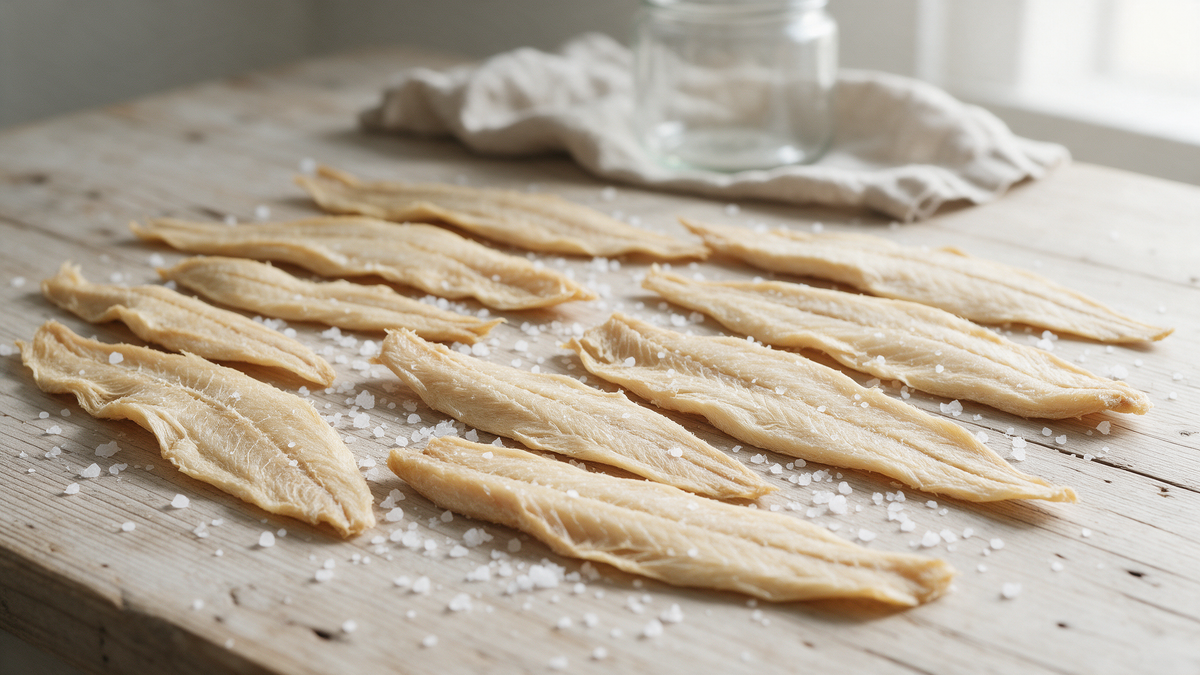 Getrocknete Fischfiletstreifen auf hellem Holz mit groben Meersalzkristallen im Tageslicht