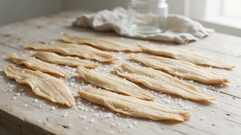 Getrocknete Fischfiletstreifen auf hellem Holz mit groben Meersalzkristallen im Tageslicht