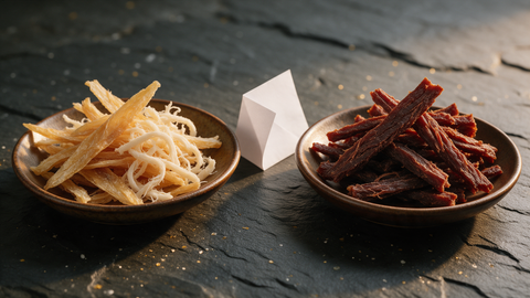 Zwei Schalen im Vergleich: helle getrocknete Fischstreifen und Tintenfischfasern links, dunkelrotes Beef Jerky rechts