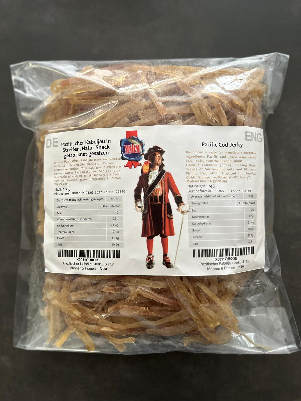 Pazifischer Kabeljau in Streifen. Der Natur Snack getrocknet & gesalzen als 1kg Paket.