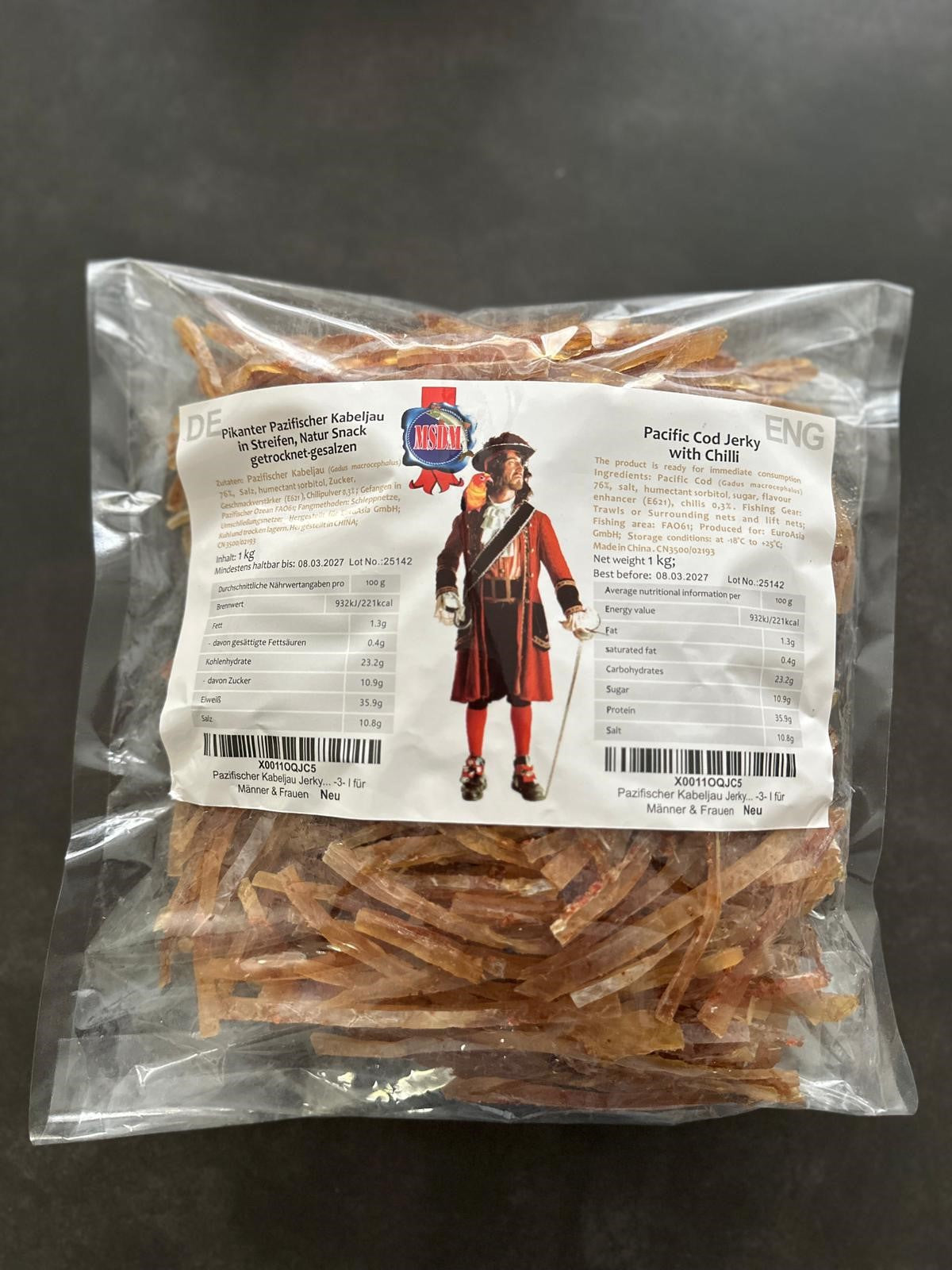 Pikanter Pazifischer Kabeljau in Streifen. Der Natur Snack getrocknet & gesalzen als 1kg Paket.